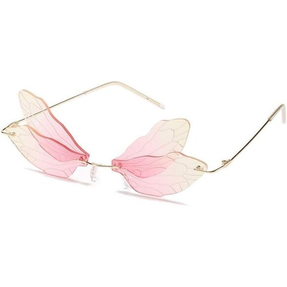 🆕Women Pink Dragonfly Wing Shape Frameless Irregular Shades Party Sun Glasses - Picture 1 of 4